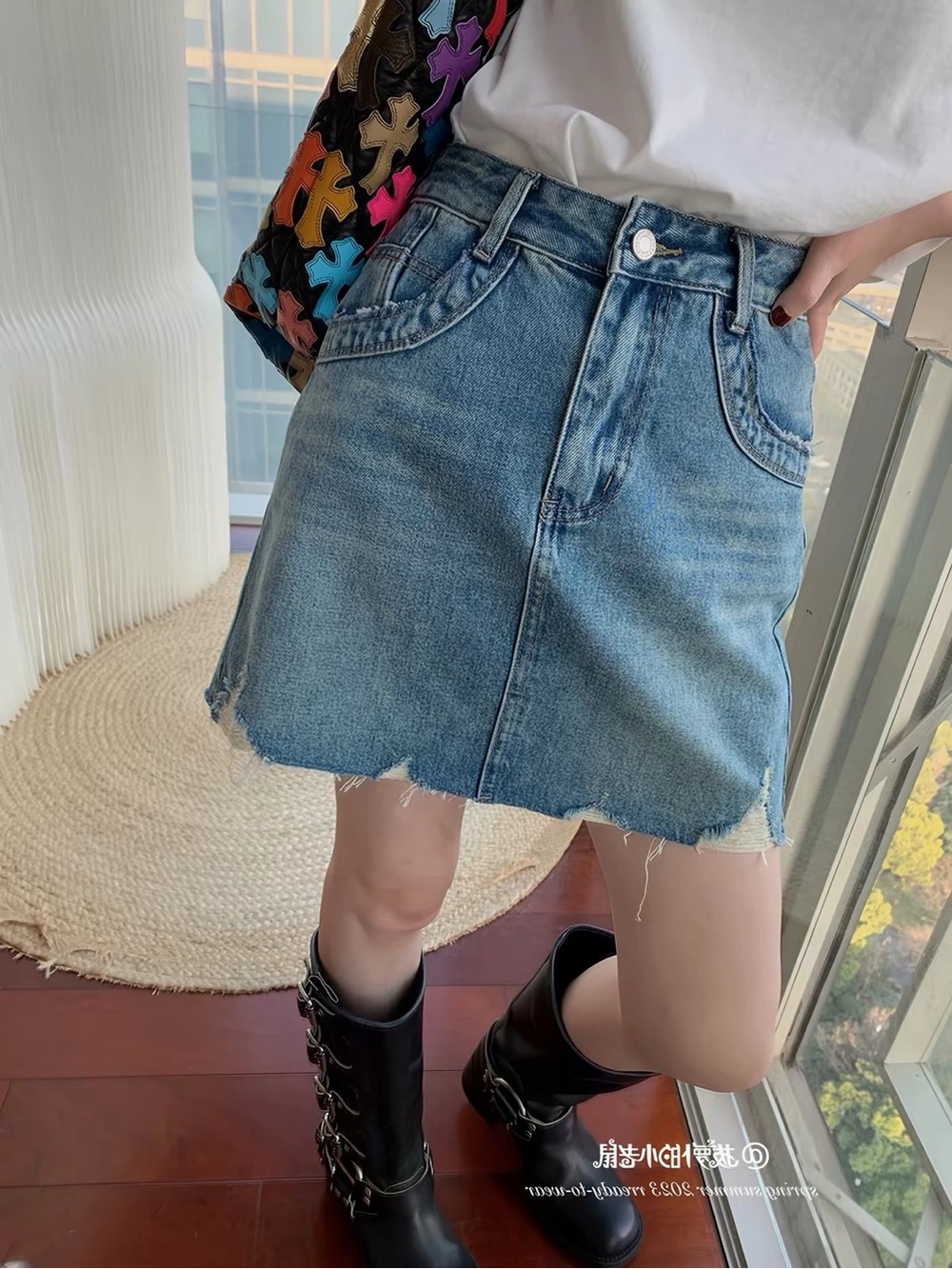 Designers Originals Light Blue Distressed Denim Mini Skirt